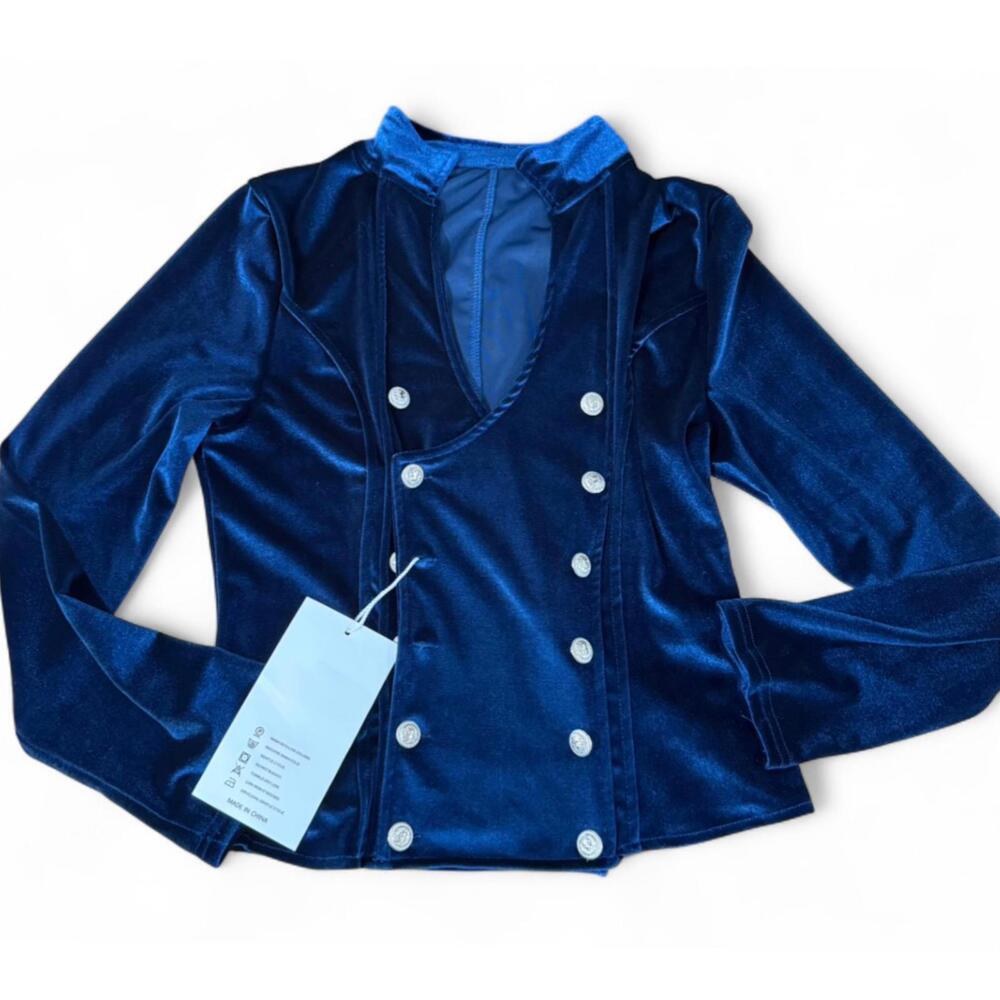 NEW Y2K Retro SZ S Velvet Blue Boho Double-Breast Button-Up Vintage Blazer Top - Picture 6 of 10